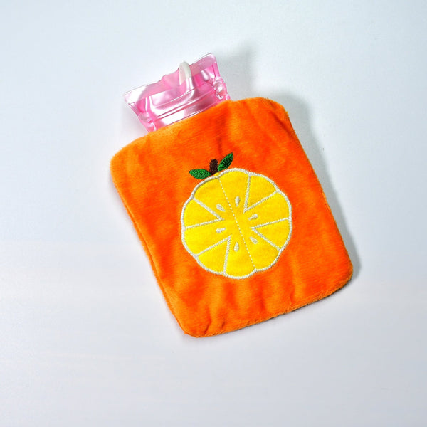 Orange hot water bag with cover for pain relief and warmth