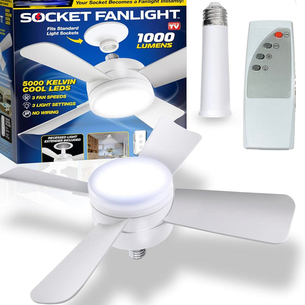 Socket Fan Light Original - Cool Light LED – Ceiling Fans with Lights and Remote Control, Replacement for Lightbulb - Bedroom, Kitchen, Living Room,1000 Lumens / 5000 Kelvins Cool LEDs (Remote Battery Not Included)