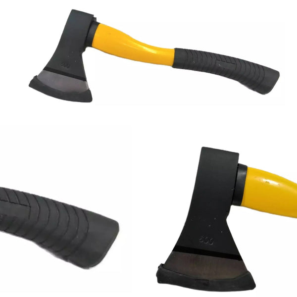 Fiberglass body wood cutting axe with a rubberized handle, demonstrating its durable design