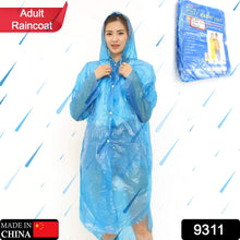 Portable raincoat for adults, waterproof and made from plastic material.